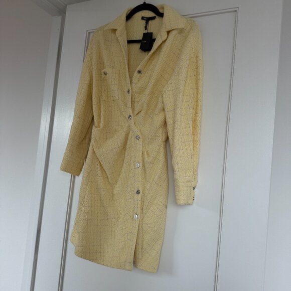 NWT Maje Rillo Mini Shirt Dress Jaune Pale Lurex Tweed Asymmetrical Button Front - Picture 5 of 9